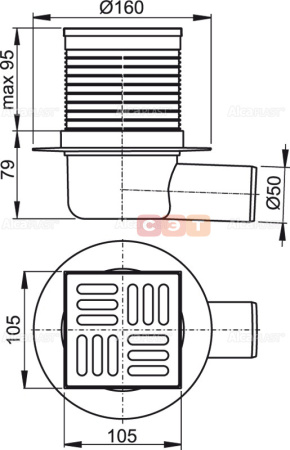 Трап 105х105 мм, H=88-174 мм, выпуск 50 мм, нерж.сталь Alcaplast