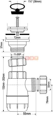 Сифон бутылочный 1 1/4 x 32 мм с выпуском 60 мм нерж.решетка, пробка, выход компресс. 32 мм McAlpine