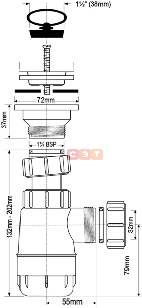 Сифон бутылочный 1 1/4 x 32 мм с выпуском 60 мм нерж.решетка, пробка, выход компресс. 32 мм McAlpine