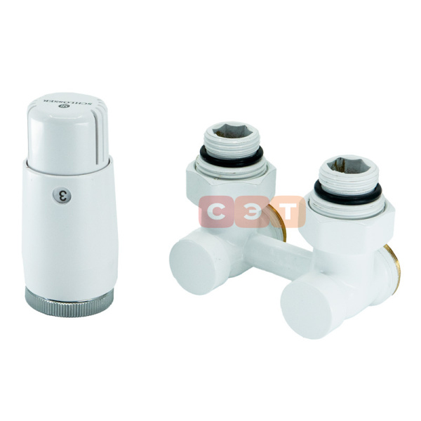 Комплект узел нижнего подключения угловой, G 3/4 x 3/4 D=50 мм с термоголовкой M30x1,5 + 2 Ниппеля 1/2x3/4