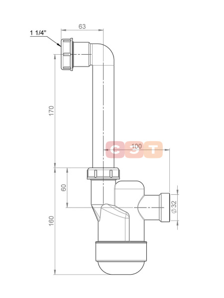 Сифон для сбора конденсата Ventloc с шариком внутри,накидная гайка 1 1/4", трубка 90°, 220 mm , выход слива d32, Prevex 