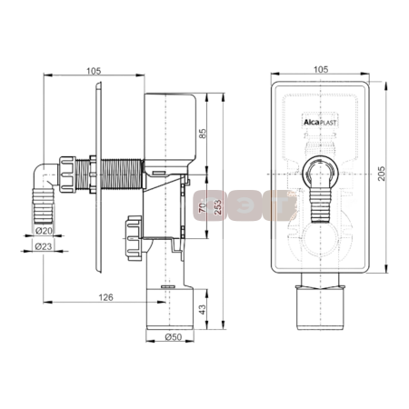Сифон для стиральной машины, APS3P c клапаном разрыва струи под штукатурку, ХРОМ