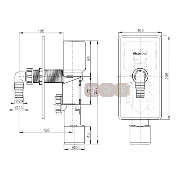 Сифон для стиральной машины, APS3P c клапаном разрыва струи под штукатурку, ХРОМ
