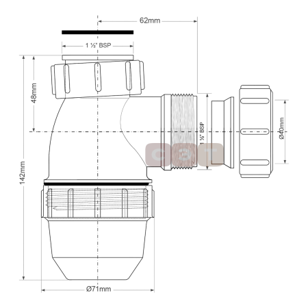 Сифон бутылочный 1 1/2 x 40 мм без выпуска, не регулир. по высоте, выход компресс. 40 мм McAlpine