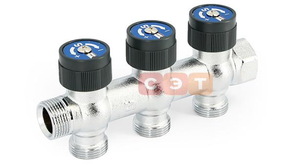 Коллектор НВ 3/4" х 4 вых 3/4" ЕК, выходы 180°, 50 мм, с вентилями, хром