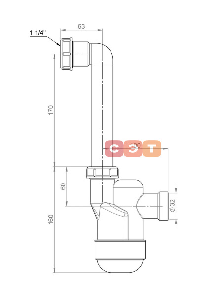 Сифон для сбора конденсата Ventloc с шариком внутри,накидная гайка 1 1/4", трубка 90°, 220 mm , выход слива d32, Prevex 