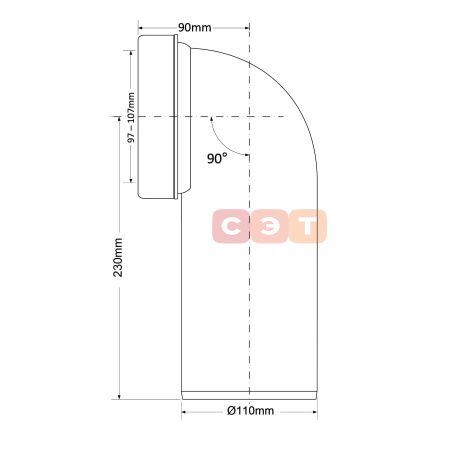 Труба фановая L=230 мм 90°, вход 97-107 мм, выход 110 мм
