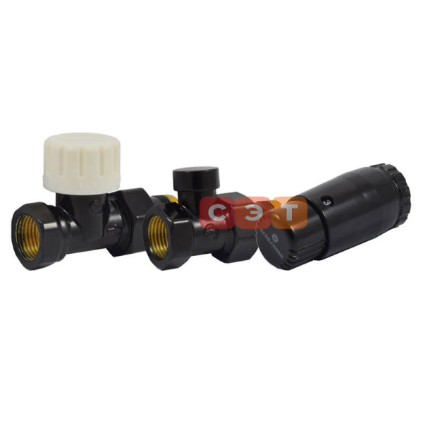 Комплект с термоголовкой Standart Мини M30x1,5 (проходной, Черный) Нр1/2' x Вр1/2'