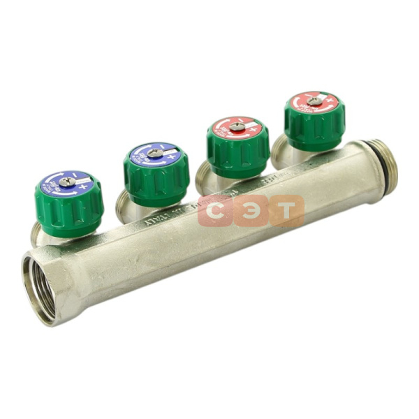 Коллектор НВ с вентилями 1" х 4 вых 3/4" ЕК межосевое расстояние 50 мм, никелированный UF 